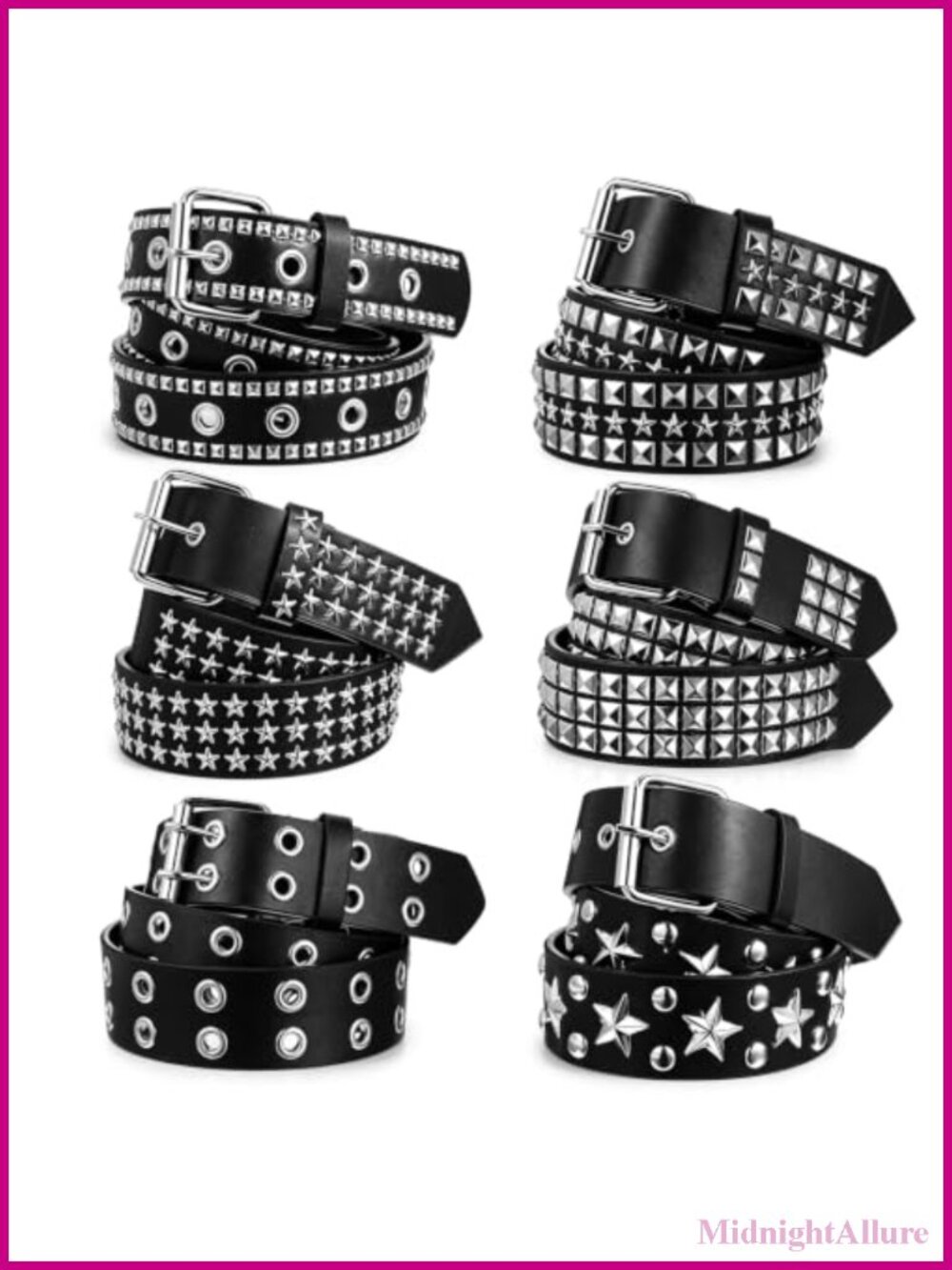 6 Pack Studded PU Leather Belts Bright Pyramid Punk Y2K Goth Cosplay